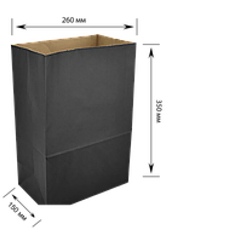 Бумажный пакет с прямоугольным дном чёрный 260х150х350 мм